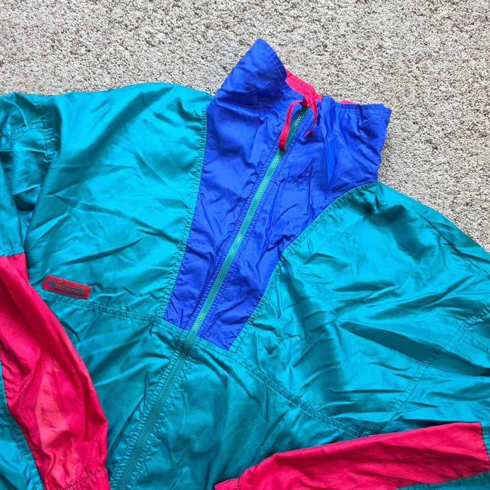 VINTAGE Columbia Windbreaker Men Small Nylon Colorblock 90s Retro Teal Pink Blue